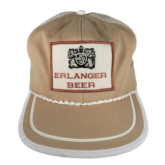 Erlanger Beer Rope Trucker Snapback‎ Hat Cap Vtg 80s Brown Mesh Patch Drawstring - Picture 2 of 7